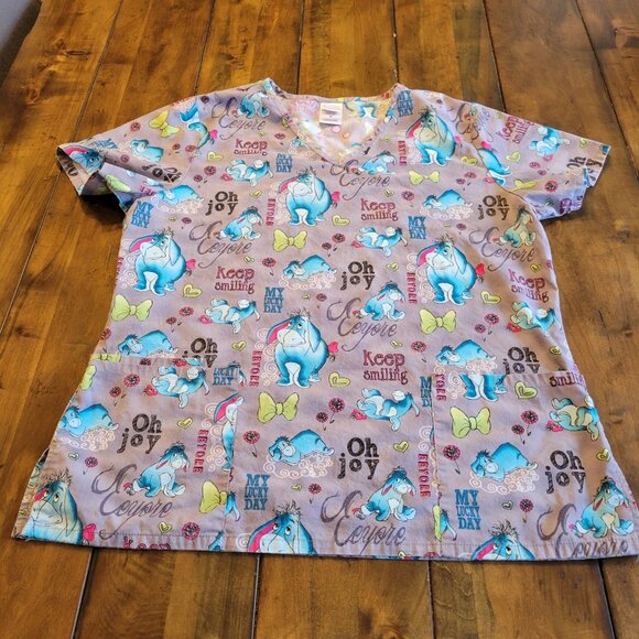 Womens M Scrub Top Eeyore Oh Joy Hospital Uniform Healthcare Winnie the Pooh Tee - Picture 1 of 4